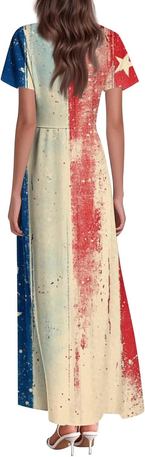 American Flag Dresses for Women Ankle Date Night Red White and Blue Maxi Wedding Guest USA Flag V Neck Going Out Dresses