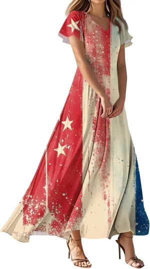 American Flag Dresses for Women Ankle Date Night Red White and Blue Maxi Wedding Guest USA Flag V Neck Going Out Dresses