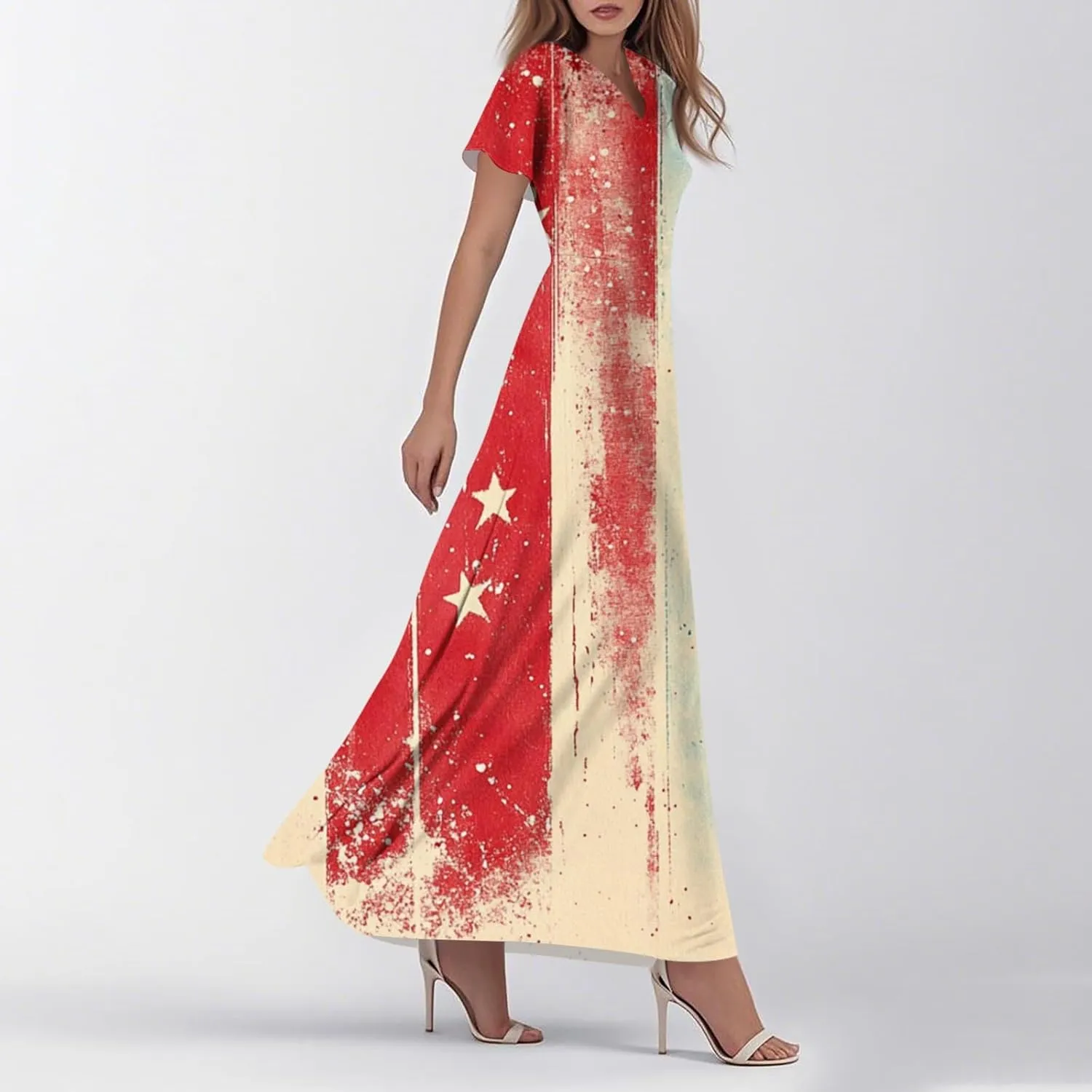 American Flag Dresses for Women Ankle Date Night Red White and Blue Maxi Wedding Guest USA Flag V Neck Going Out Dresses