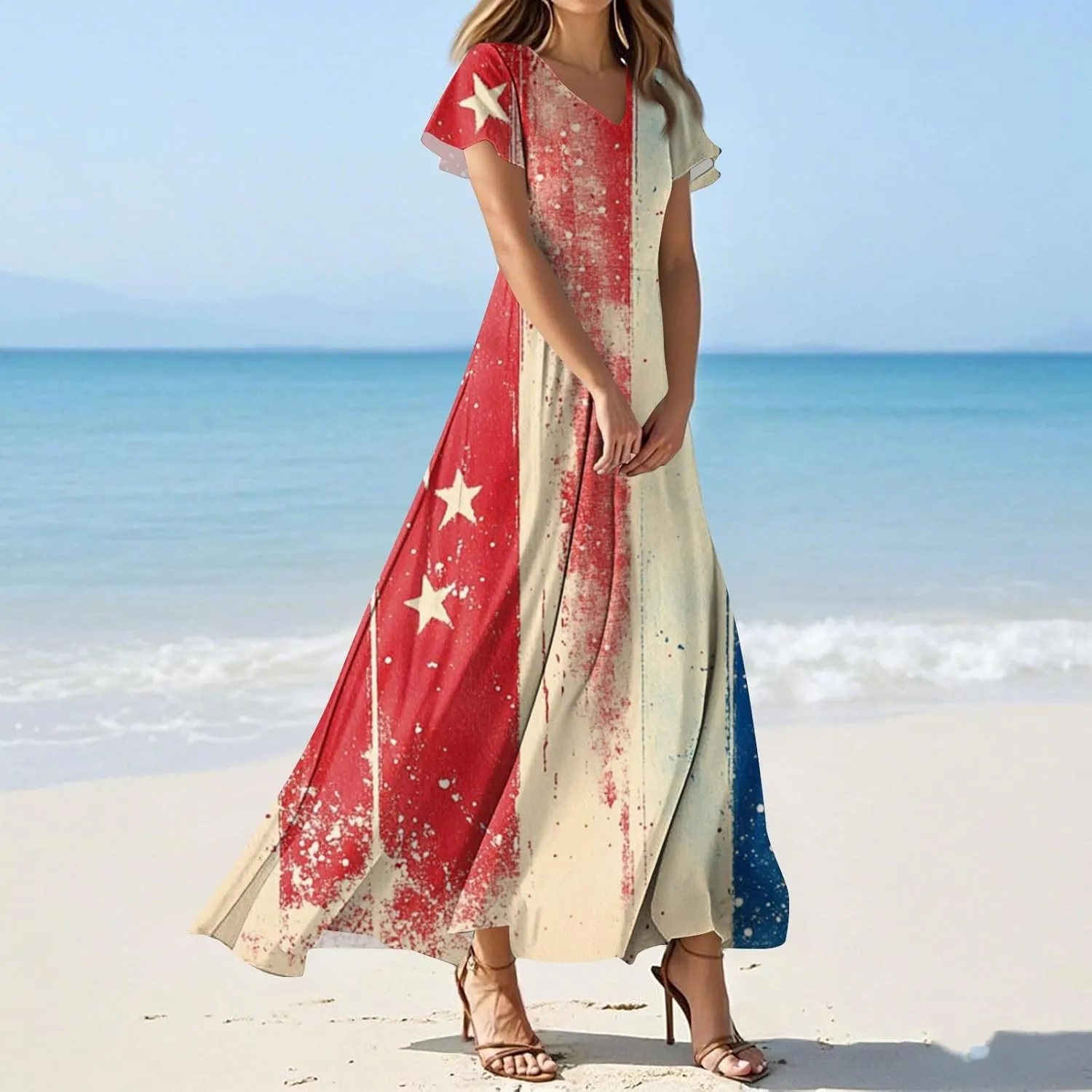 American Flag Dresses for Women Ankle Date Night Red White and Blue Maxi Wedding Guest USA Flag V Neck Going Out Dresses