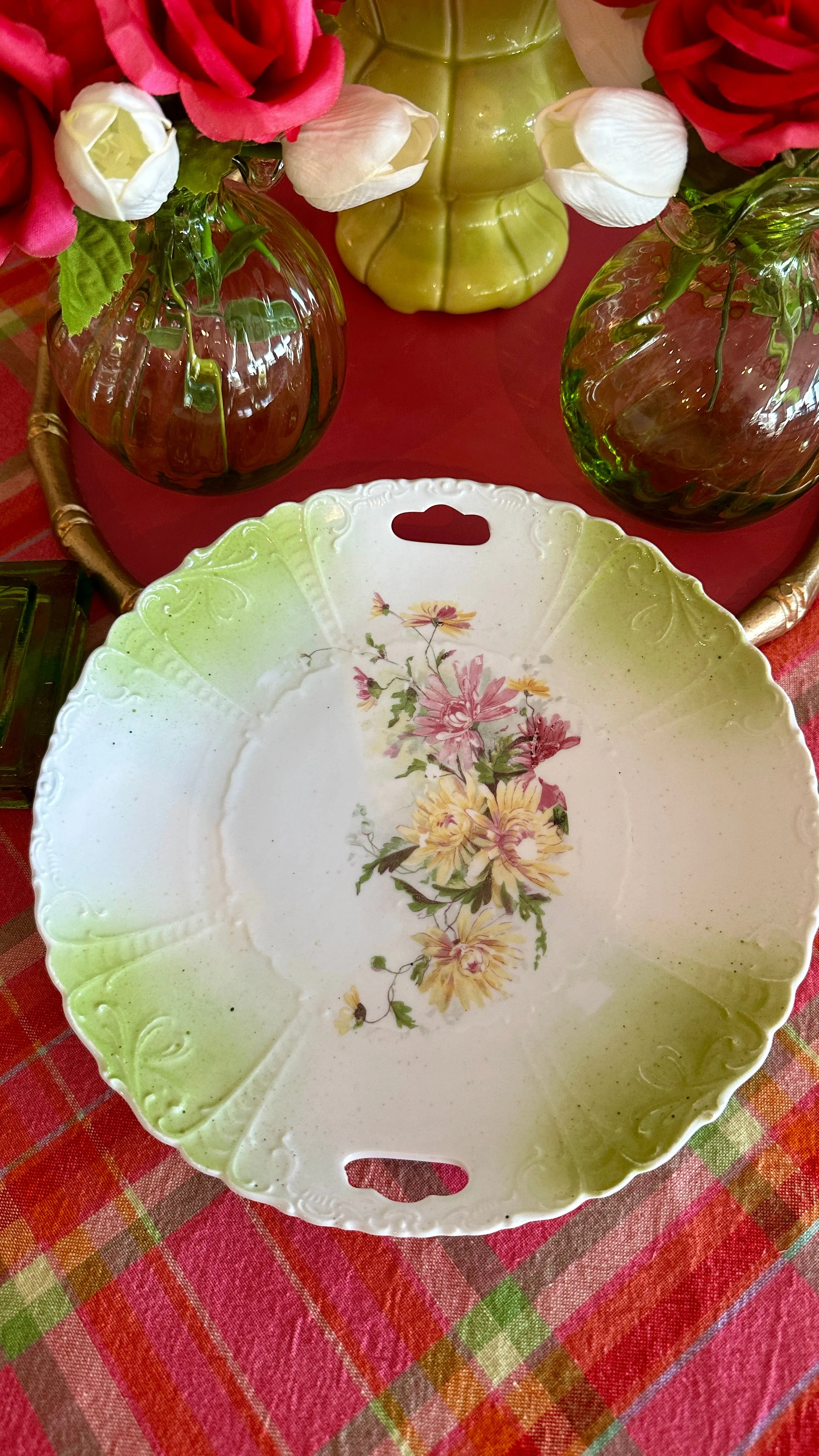 Antique Floral Plate White, Lime Green Floral, Handles, Decorative