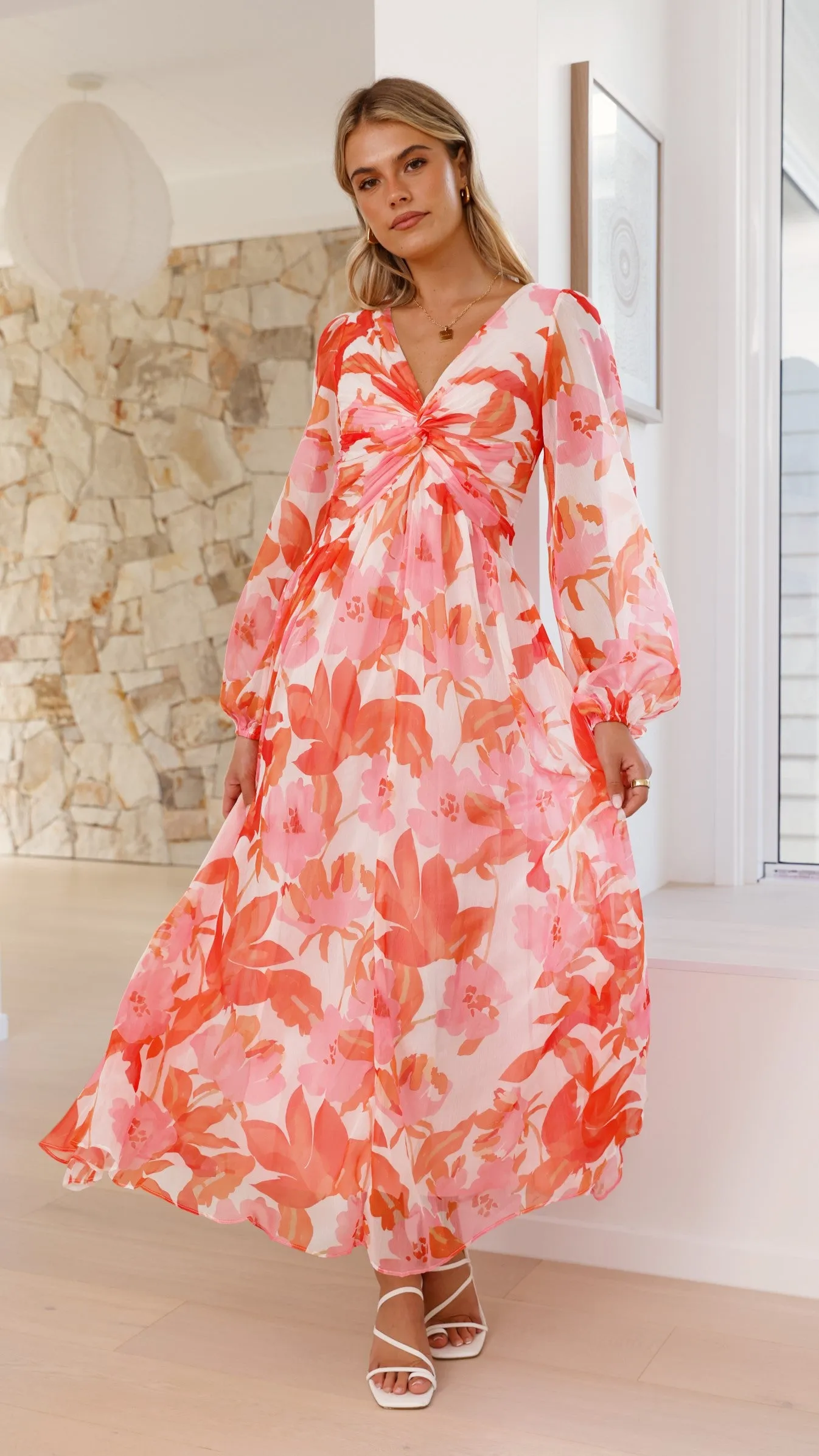 Stylish Aurea Midi Dress in Vibrant Pink/Orange Floral Design