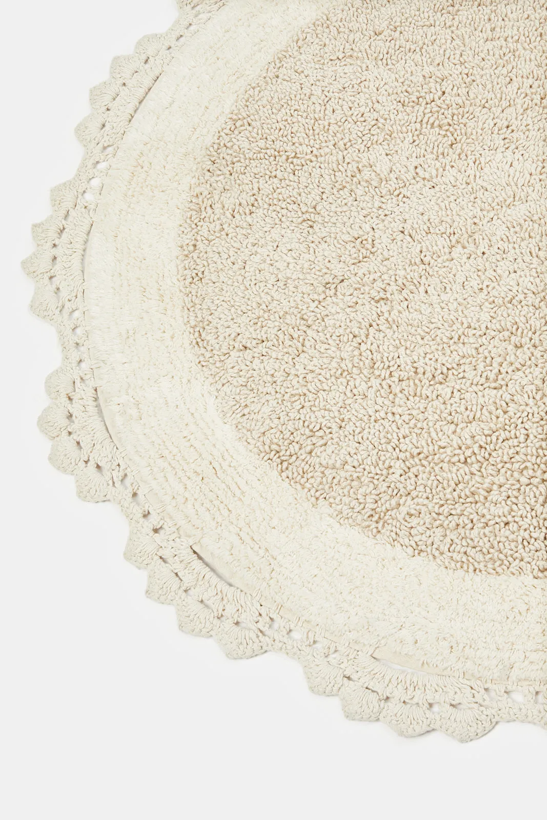 Beige Cotton Tufted Crochet Round Dhurrie