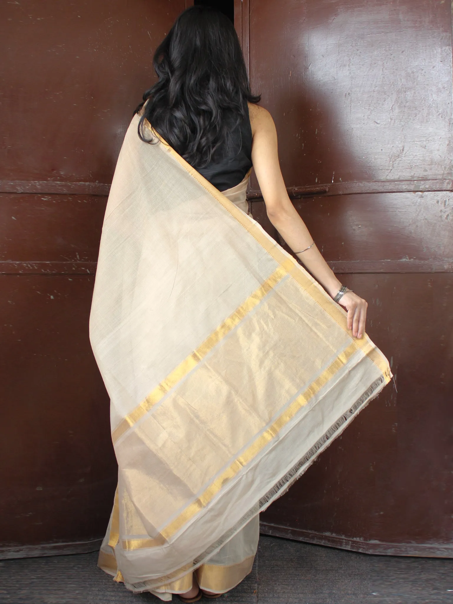 Beige Golden Handloom Mangalagiri Cotton Saree With Zari Border - S031703691