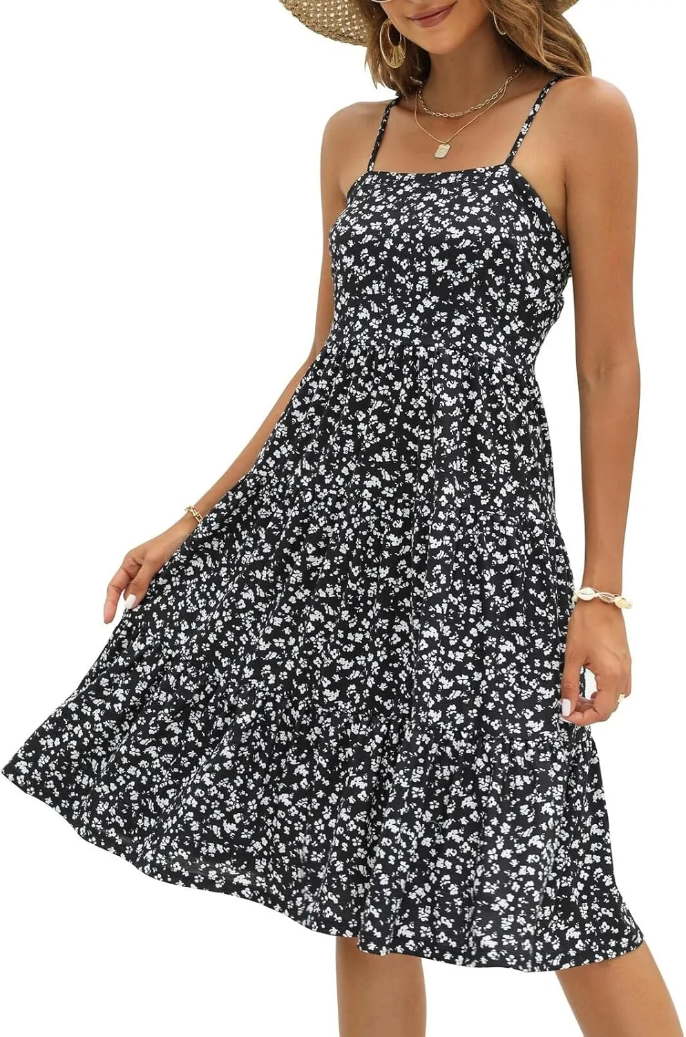 Berydress Womens Summer Dresses Spaghetti Strap Tiered Midi Dress Wedding Guest Ruffle Cotton Black Casual Beach Sun Dress