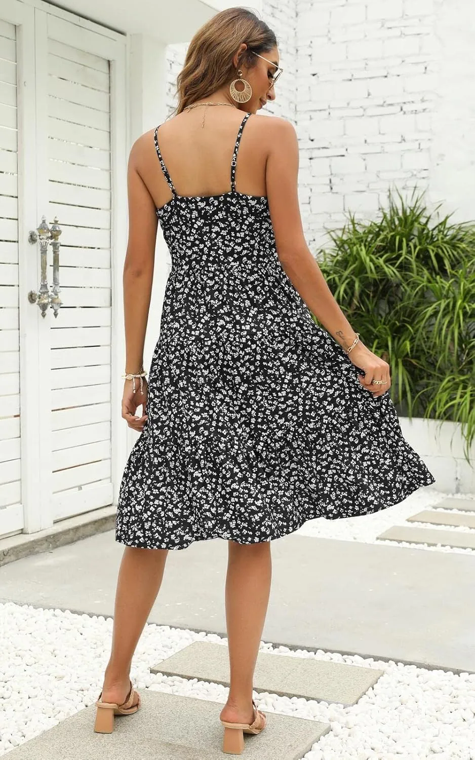 Berydress Womens Summer Dresses Spaghetti Strap Tiered Midi Dress Wedding Guest Ruffle Cotton Black Casual Beach Sun Dress