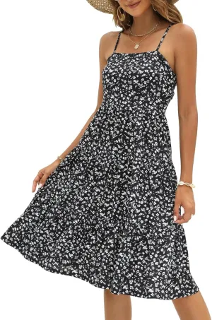 Berydress Womens Summer Dresses Spaghetti Strap Tiered Midi Dress Wedding Guest Ruffle Cotton Black Casual Beach Sun Dress