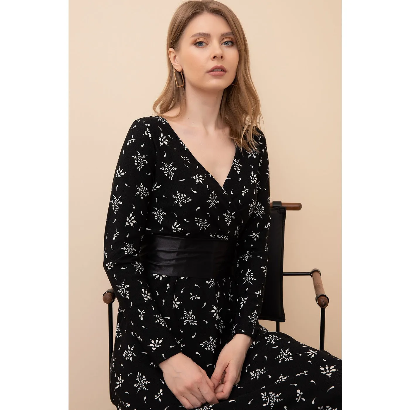Black Printed Double Breasted Dress