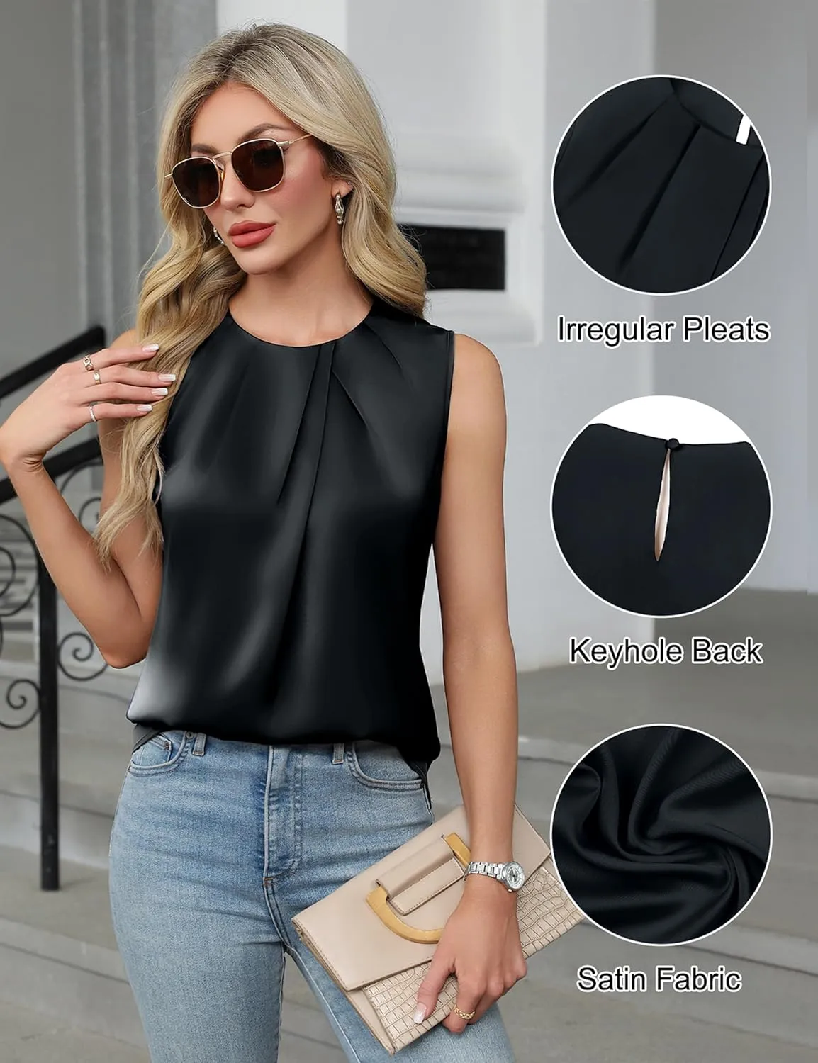 Blooming Jelly Womens Summer Tank Tops Business Casual Outfits Satin Blouse Dressy Work Shirts Spring Clothes