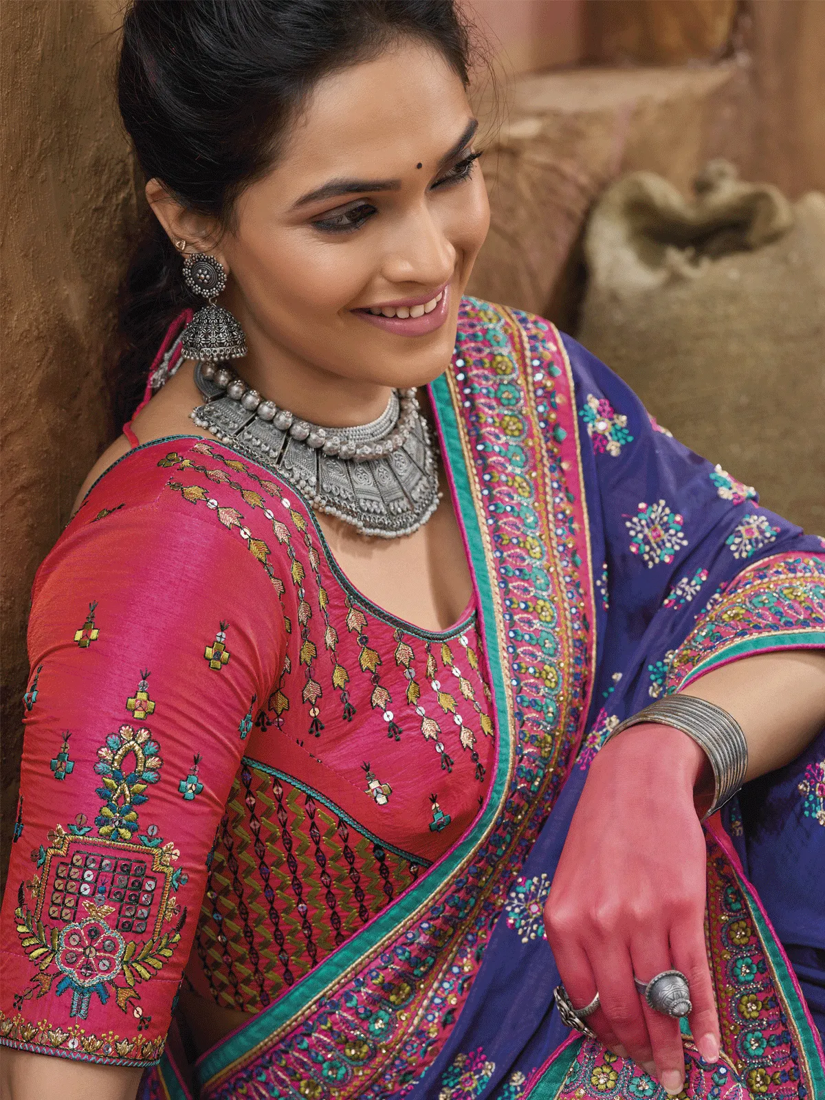 Blue Banarasi Silk Saree With Kachhi Work, Mirror Work and Diamond Work