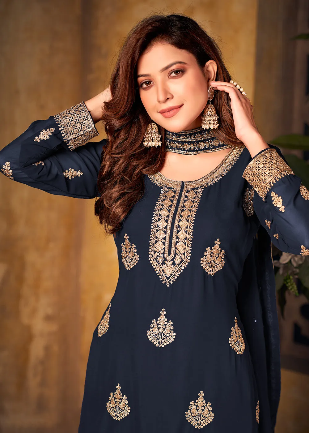 Blue Thread & Zari Embroidered Palazzo Suit with Dupatta