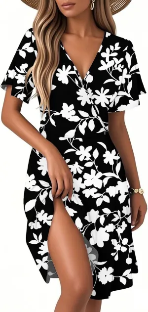 Boho Floral Knee Length Summer Sundresses for Women, V-Neck Short Sleeve High Waist Loose Fit Casual Beach Dress