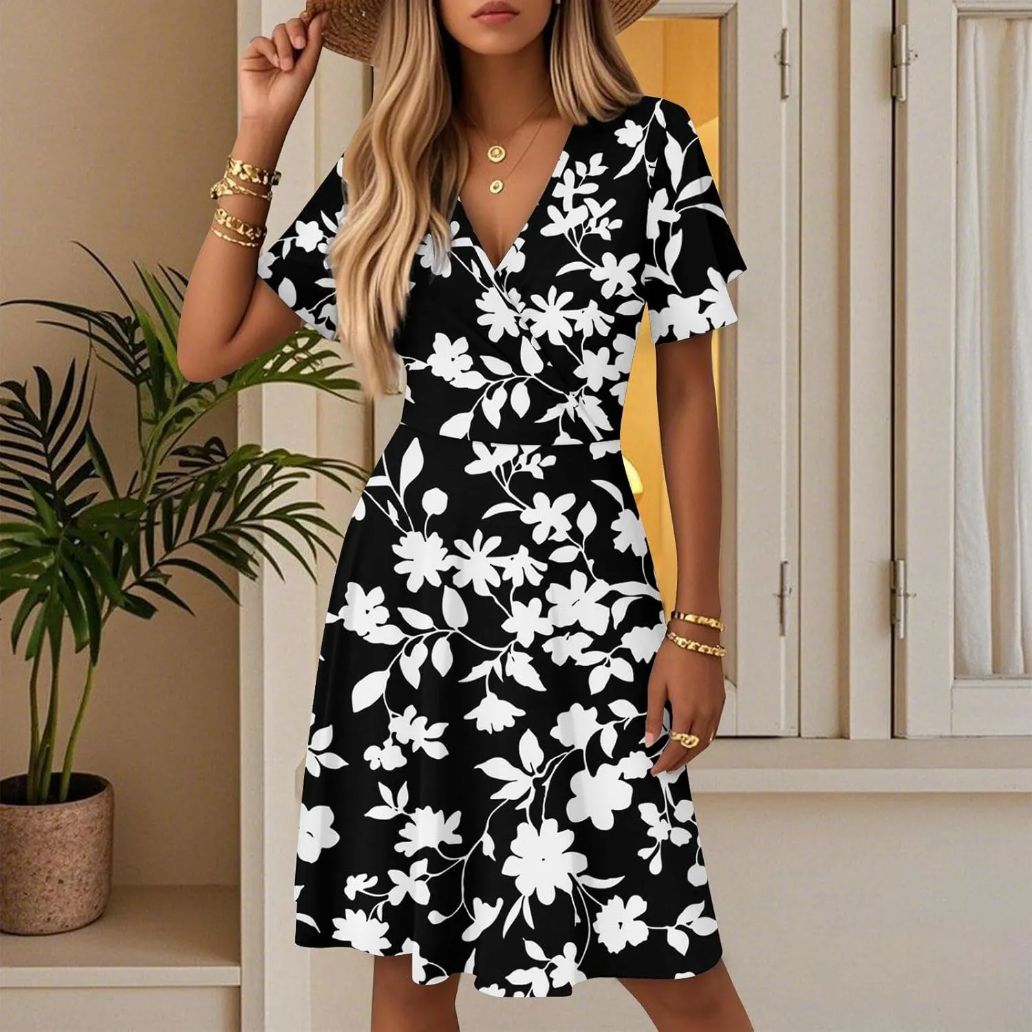 Boho Floral Knee Length Summer Sundresses for Women, V-Neck Short Sleeve High Waist Loose Fit Casual Beach Dress