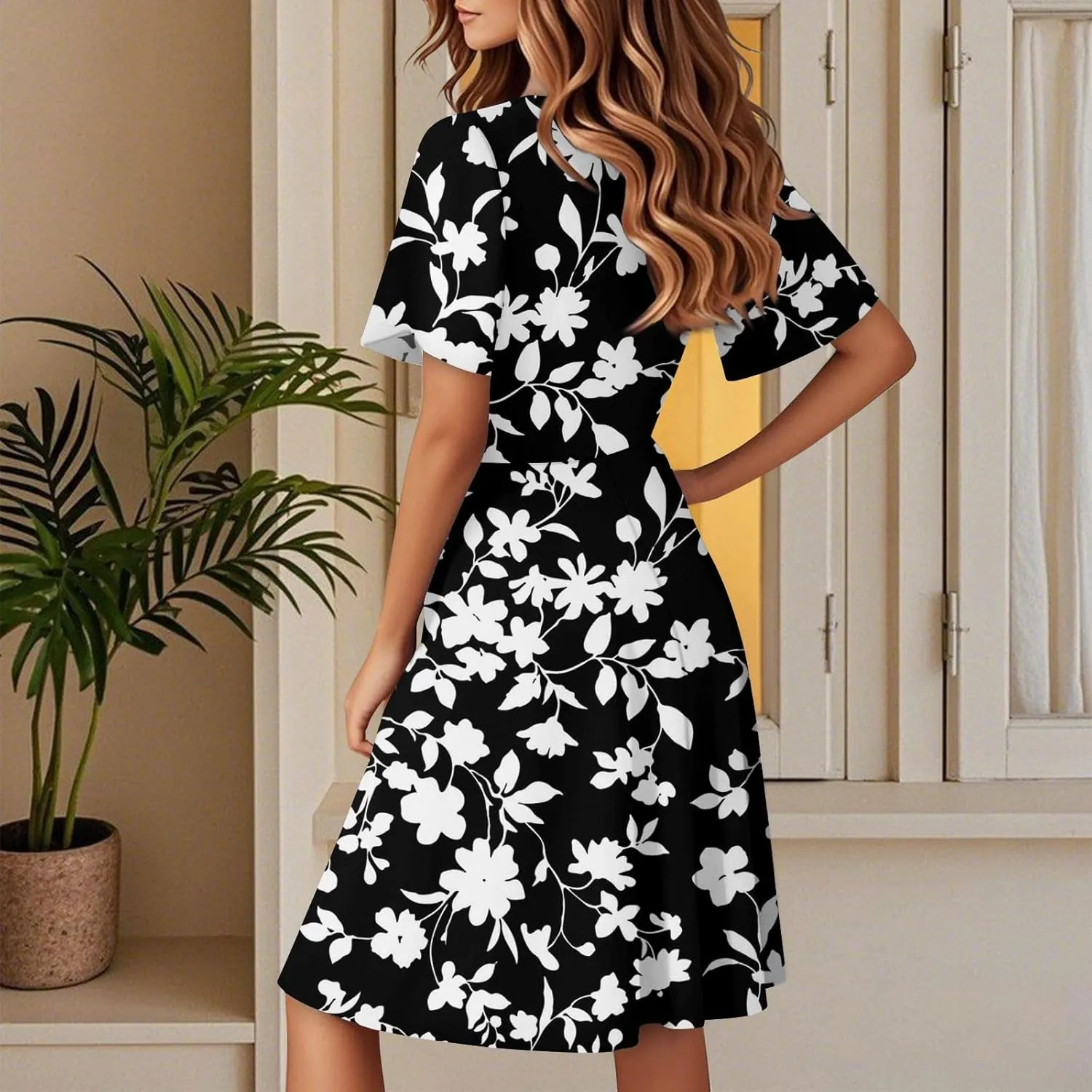 Boho Floral Knee Length Summer Sundresses for Women, V-Neck Short Sleeve High Waist Loose Fit Casual Beach Dress