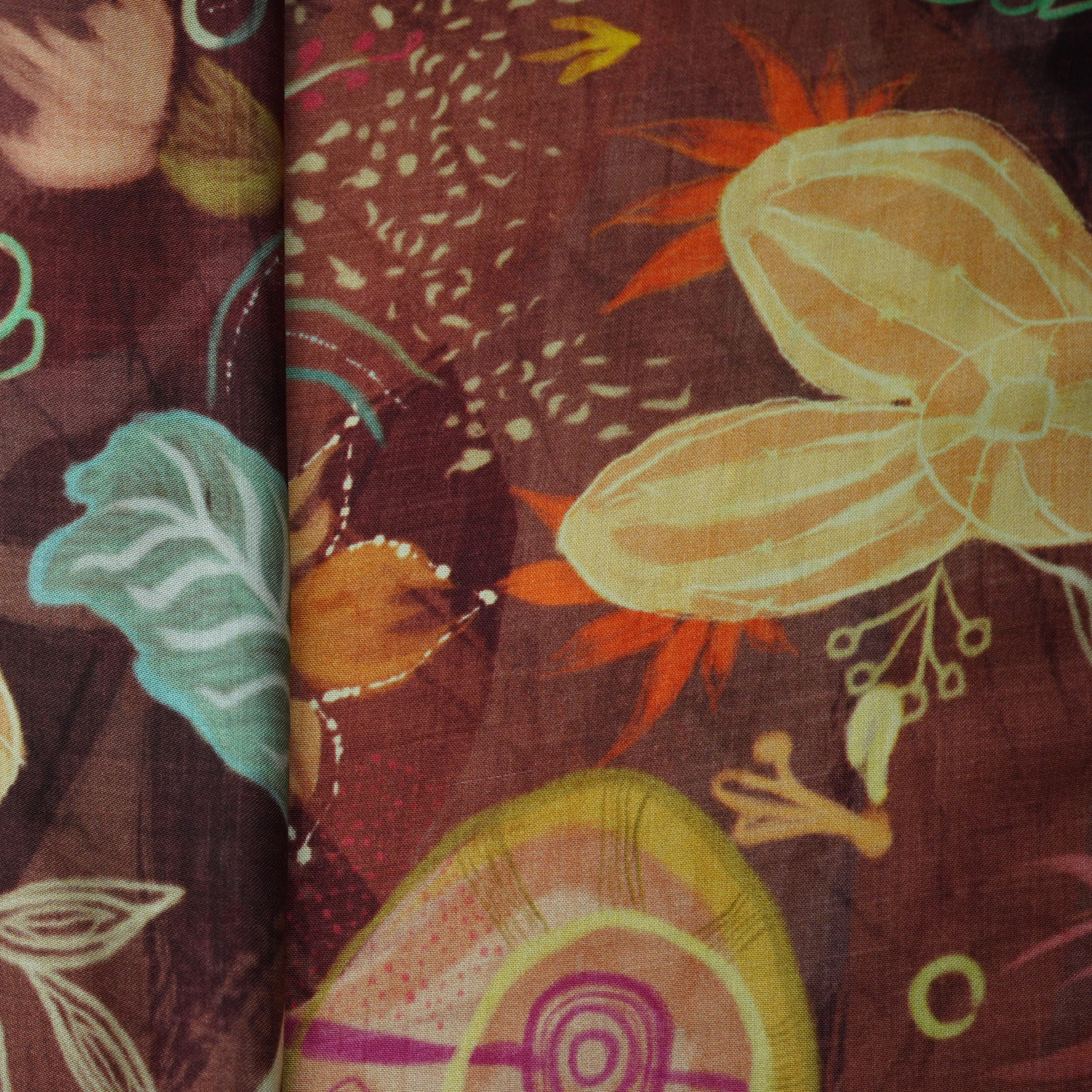 Brown Floral Print Bemberg Silk Fabric 20845