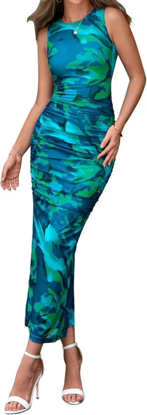 BTFBM Women Bodycon Maxi Dresses 2025 Summer Sleeveless Floral Ruched Slit Mesh Party Cocktail Wedding Guest Tank Dress