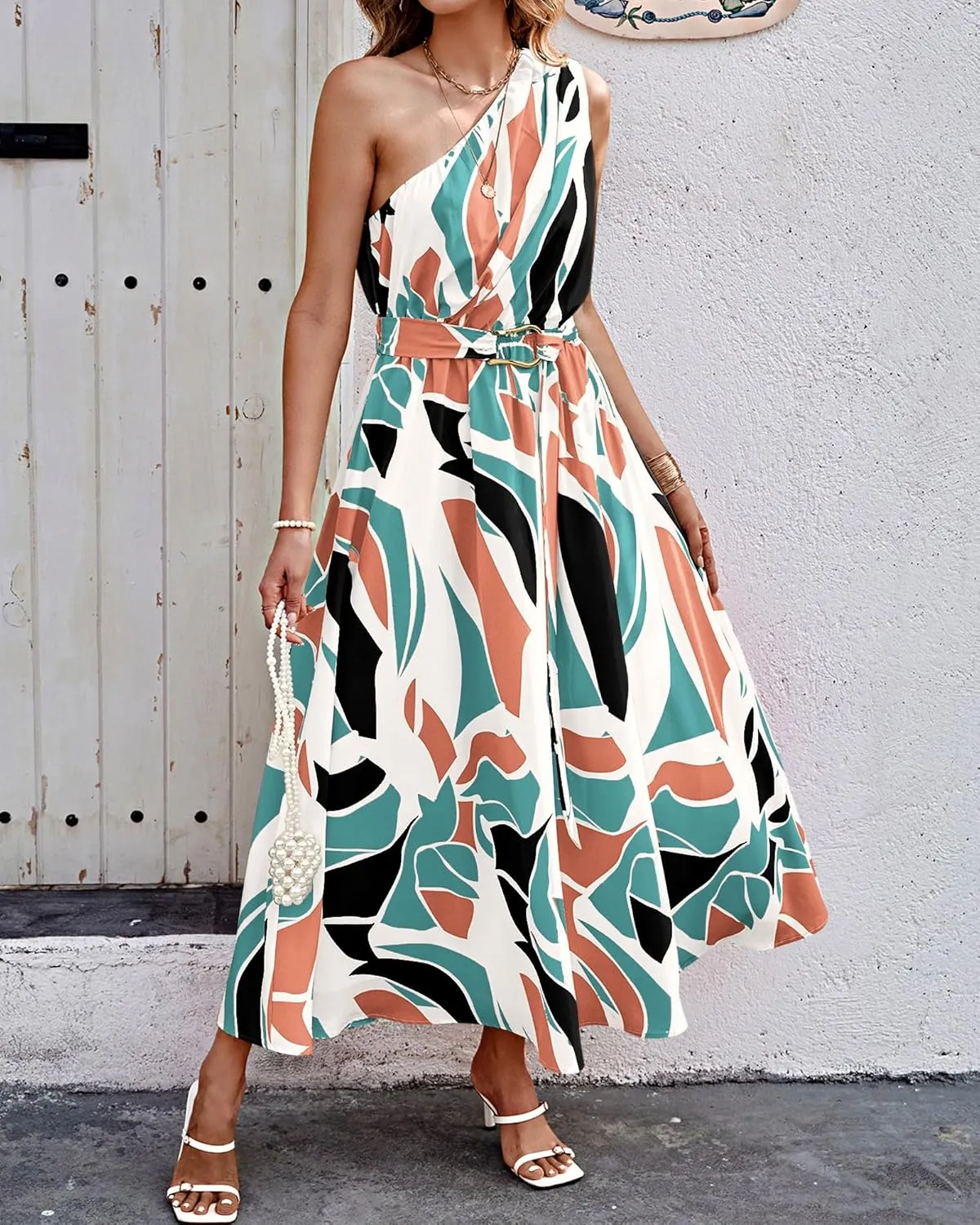 BTFBM Women's Sleeveless One Shoulder Dress Resort Outfits Casual Summer Maxi Sundress Print Belted Long Flowy Dresses