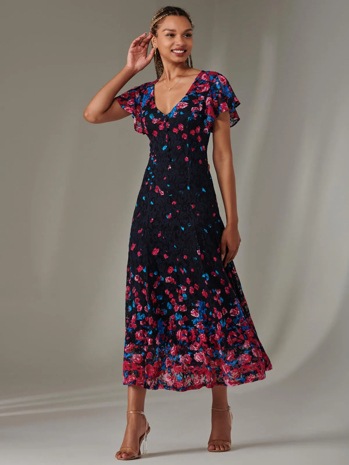 Cap Sleeve Lace Maxi Dress, Pink Multi
