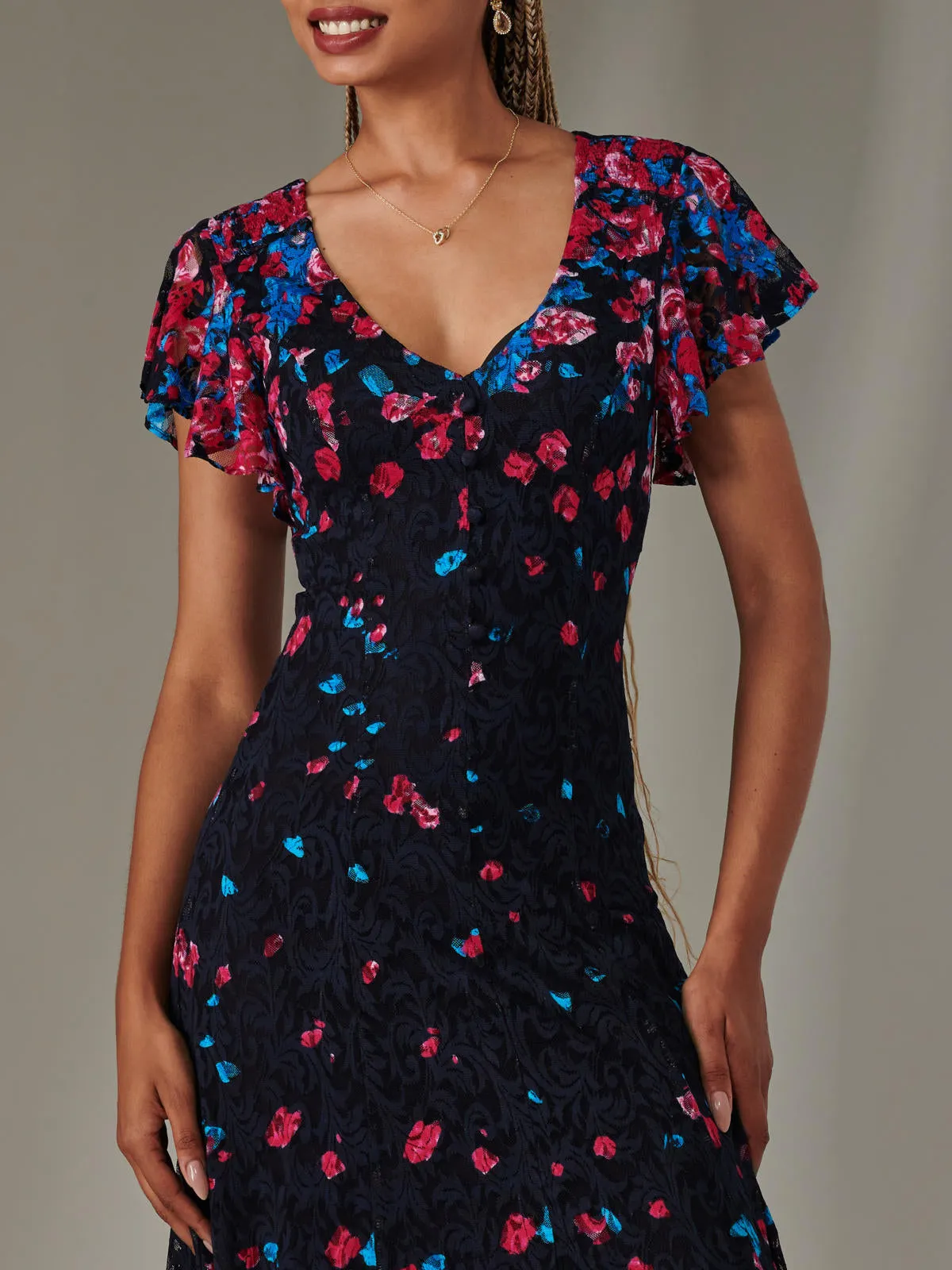 Cap Sleeve Lace Maxi Dress, Pink Multi