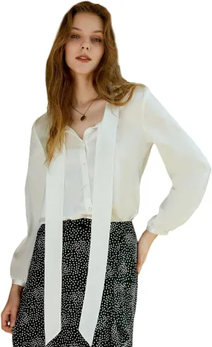 COLD POSH Silk Blouses for Women Long Sleeve Women's 100% Pure Silk Bow-tie Neck Blouse Luxury Button Down Elegant Shirts