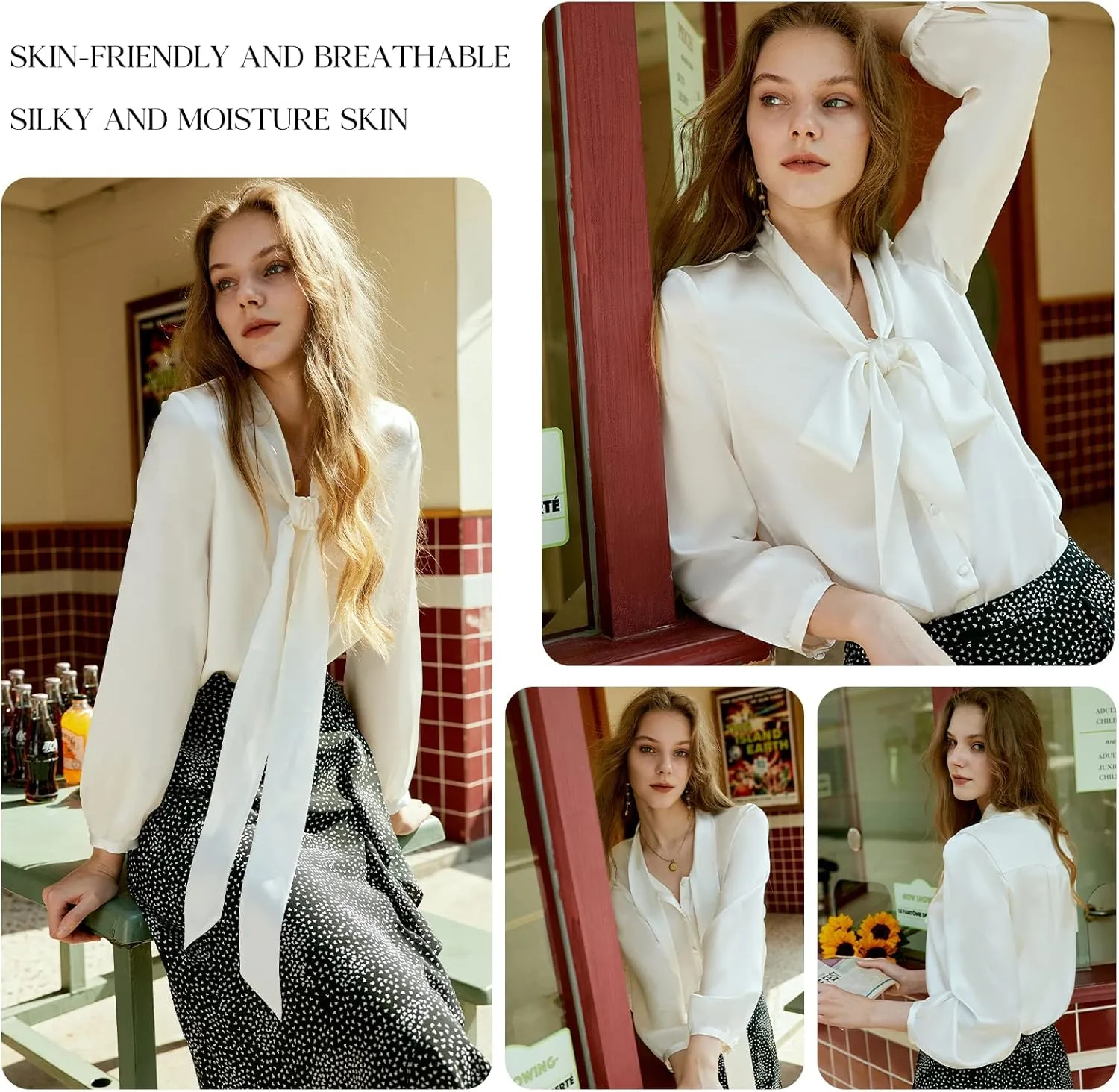 COLD POSH Silk Blouses for Women Long Sleeve Women's 100% Pure Silk Bow-tie Neck Blouse Luxury Button Down Elegant Shirts