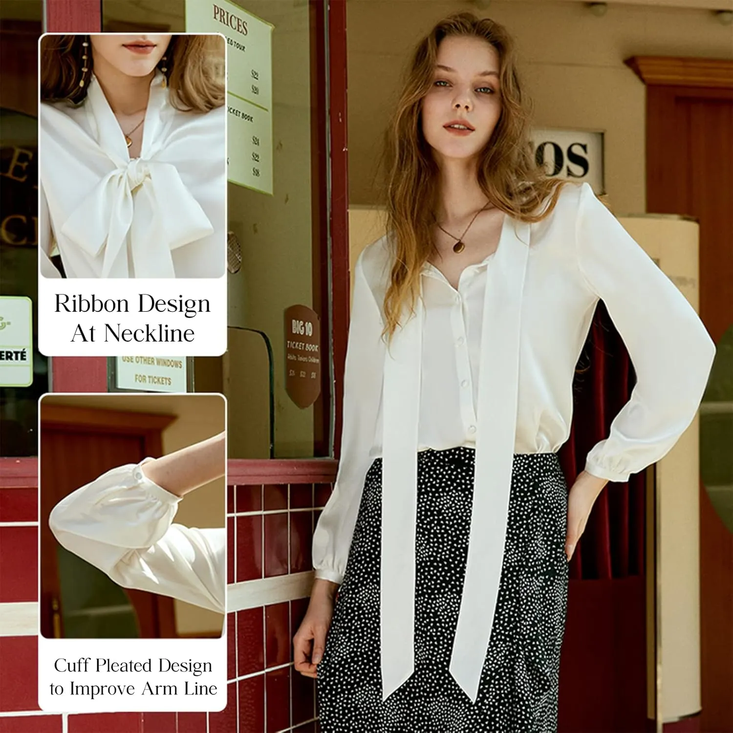 COLD POSH Silk Blouses for Women Long Sleeve Women's 100% Pure Silk Bow-tie Neck Blouse Luxury Button Down Elegant Shirts
