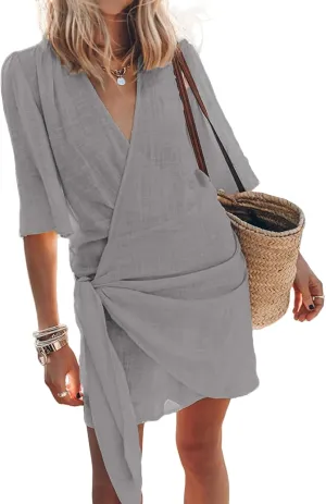 Cotton and Linen V-Neck Midi Dress Short Sleeve Wrap Tie Mini Casual Elegant Beach Work Vacation Kimonos Dresses