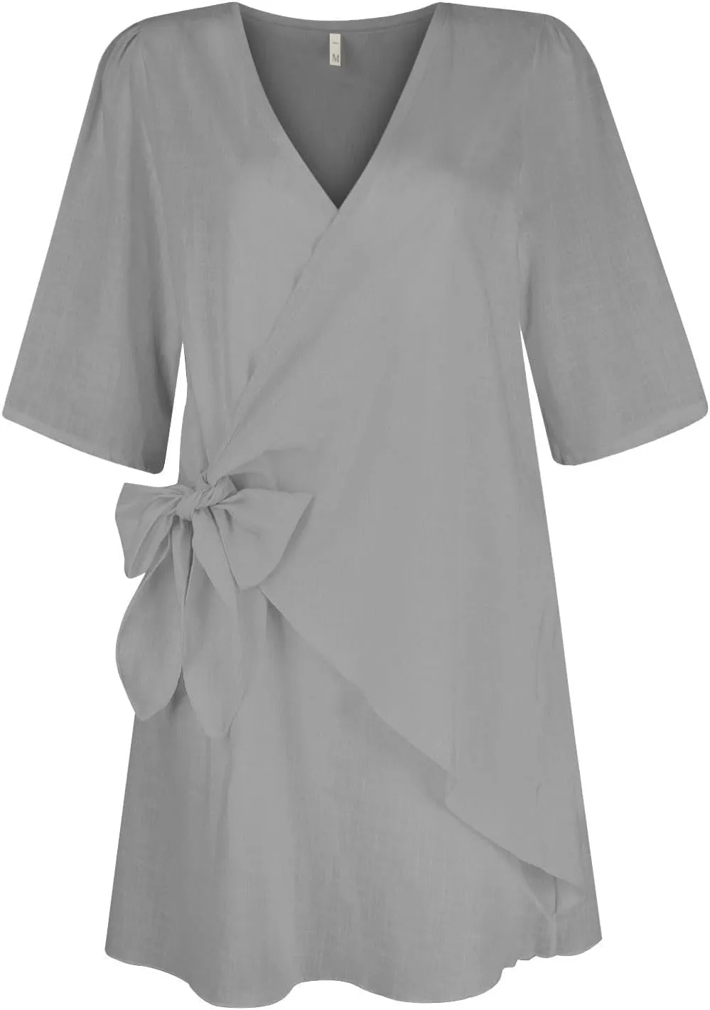 Cotton and Linen V-Neck Midi Dress Short Sleeve Wrap Tie Mini Casual Elegant Beach Work Vacation Kimonos Dresses