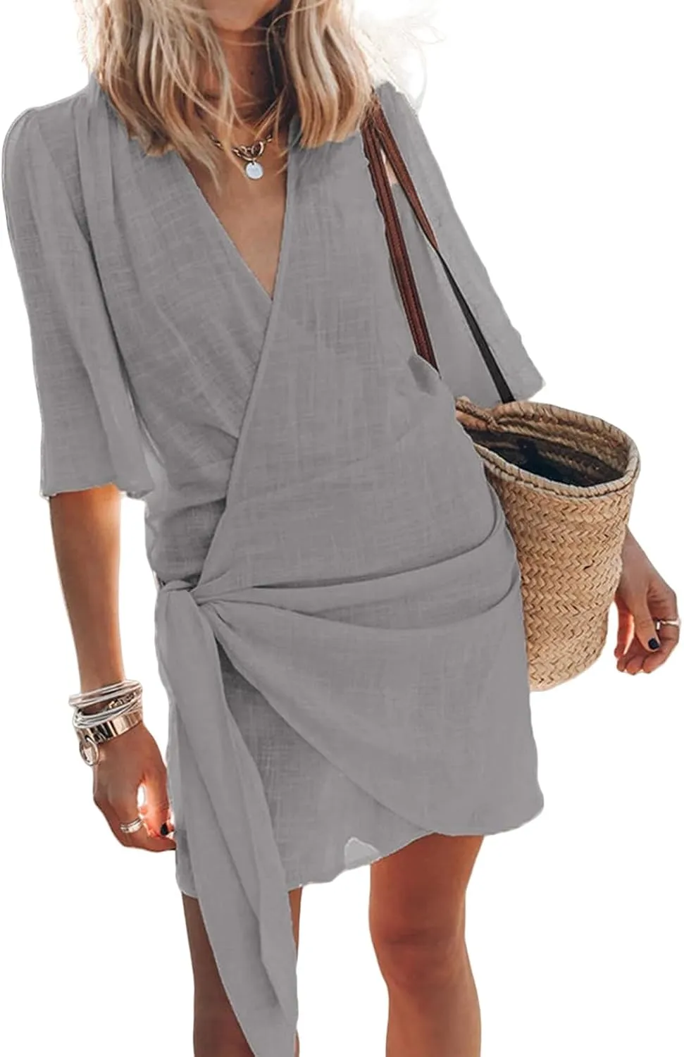 Cotton and Linen V-Neck Midi Dress Short Sleeve Wrap Tie Mini Casual Elegant Beach Work Vacation Kimonos Dresses