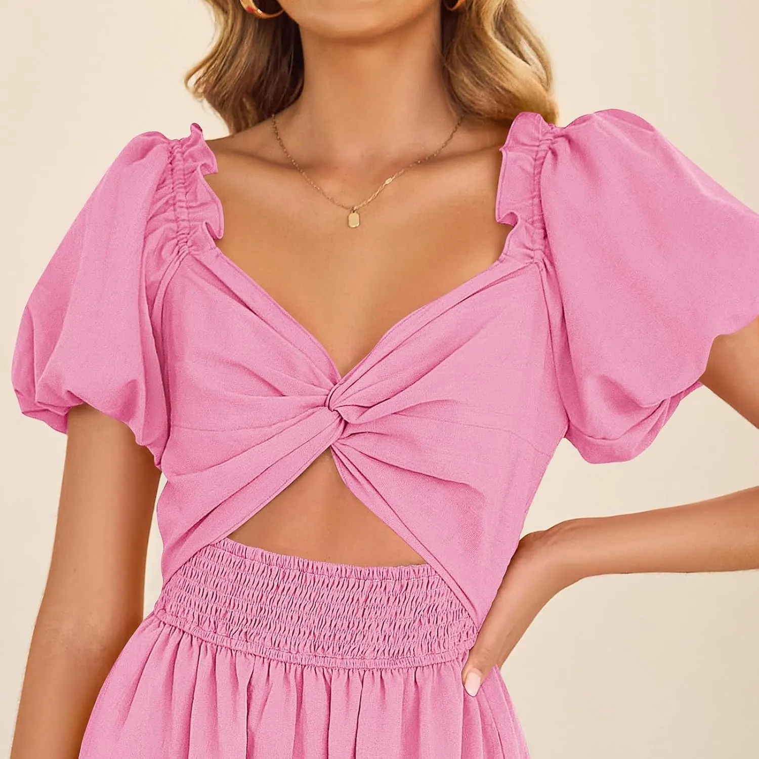 Cut Out Dress for Women 2025 Summer Boho Twist Knot Smocked Short Puff Sleeve Flowy A Line Vacation Beach Dress