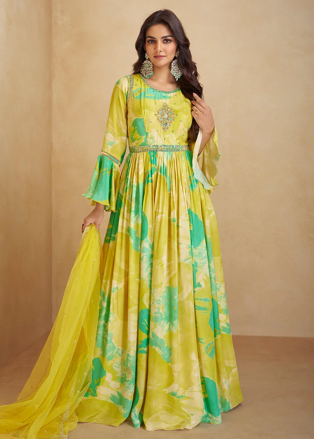 Digital Printed & Mirror Embroidered Anarkali Gown in Yellow