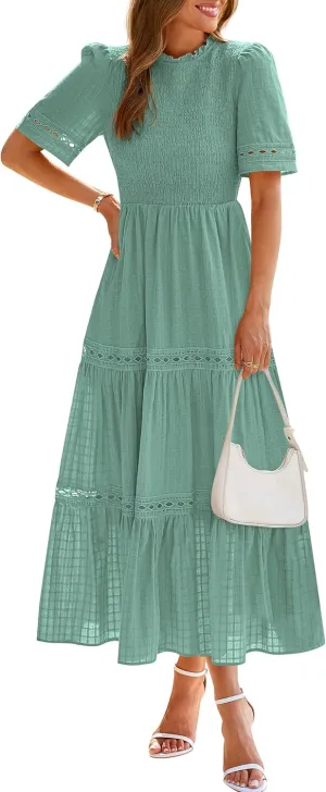 dowerme Summer Dresses for Women 2025 Casual Boho Hollow Out Short Sleeve Ruffle Mock Neck Smocked Maxi Gingham Sundress