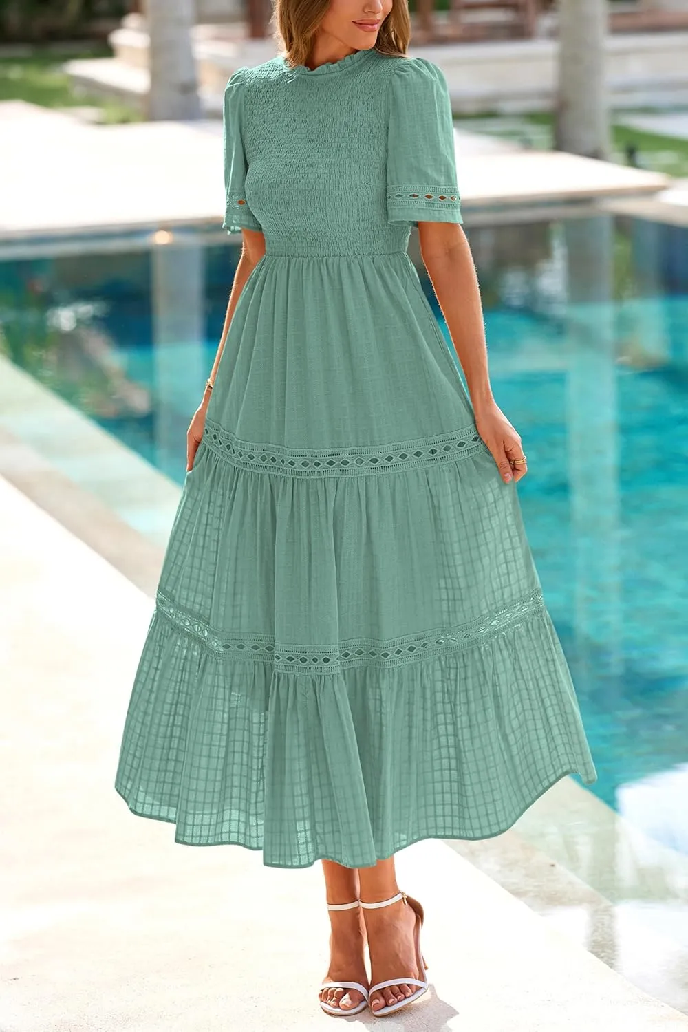 dowerme Summer Dresses for Women 2025 Casual Boho Hollow Out Short Sleeve Ruffle Mock Neck Smocked Maxi Gingham Sundress