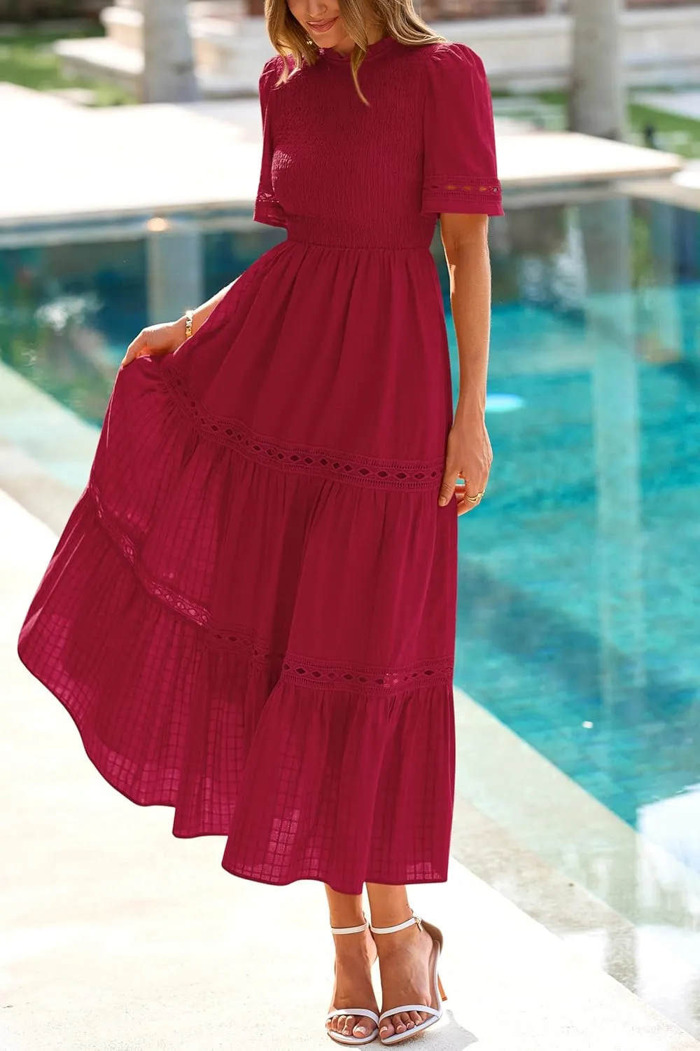 dowerme Summer Dresses for Women 2025 Casual Boho Hollow Out Short Sleeve Ruffle Mock Neck Smocked Maxi Gingham Sundress