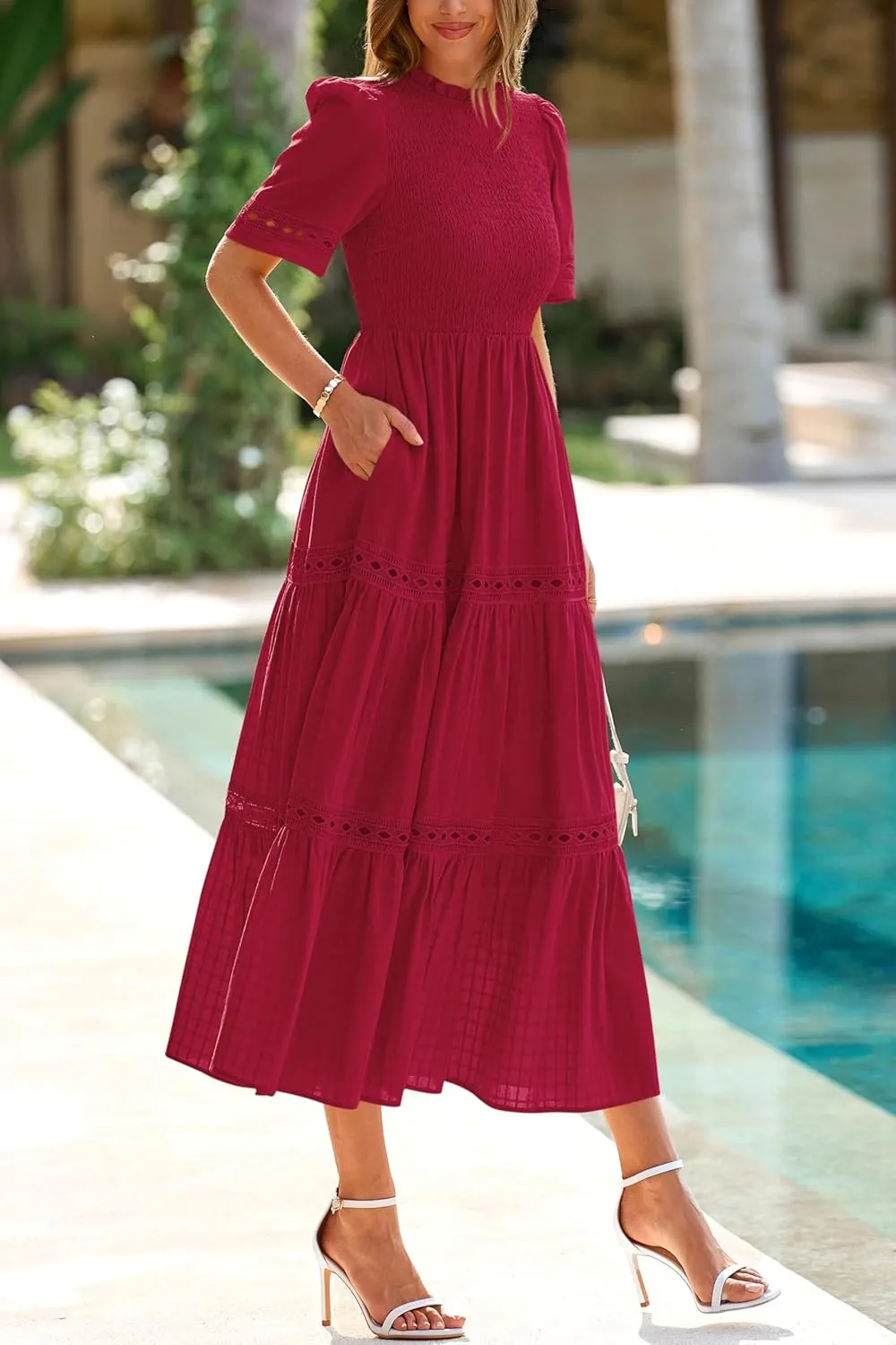 dowerme Summer Dresses for Women 2025 Casual Boho Hollow Out Short Sleeve Ruffle Mock Neck Smocked Maxi Gingham Sundress