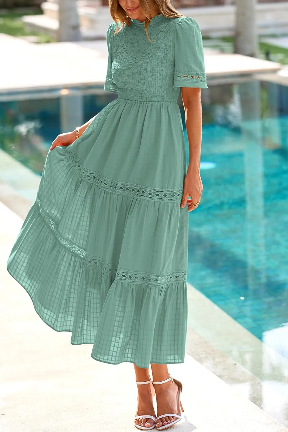 dowerme Summer Dresses for Women 2025 Casual Boho Hollow Out Short Sleeve Ruffle Mock Neck Smocked Maxi Gingham Sundress