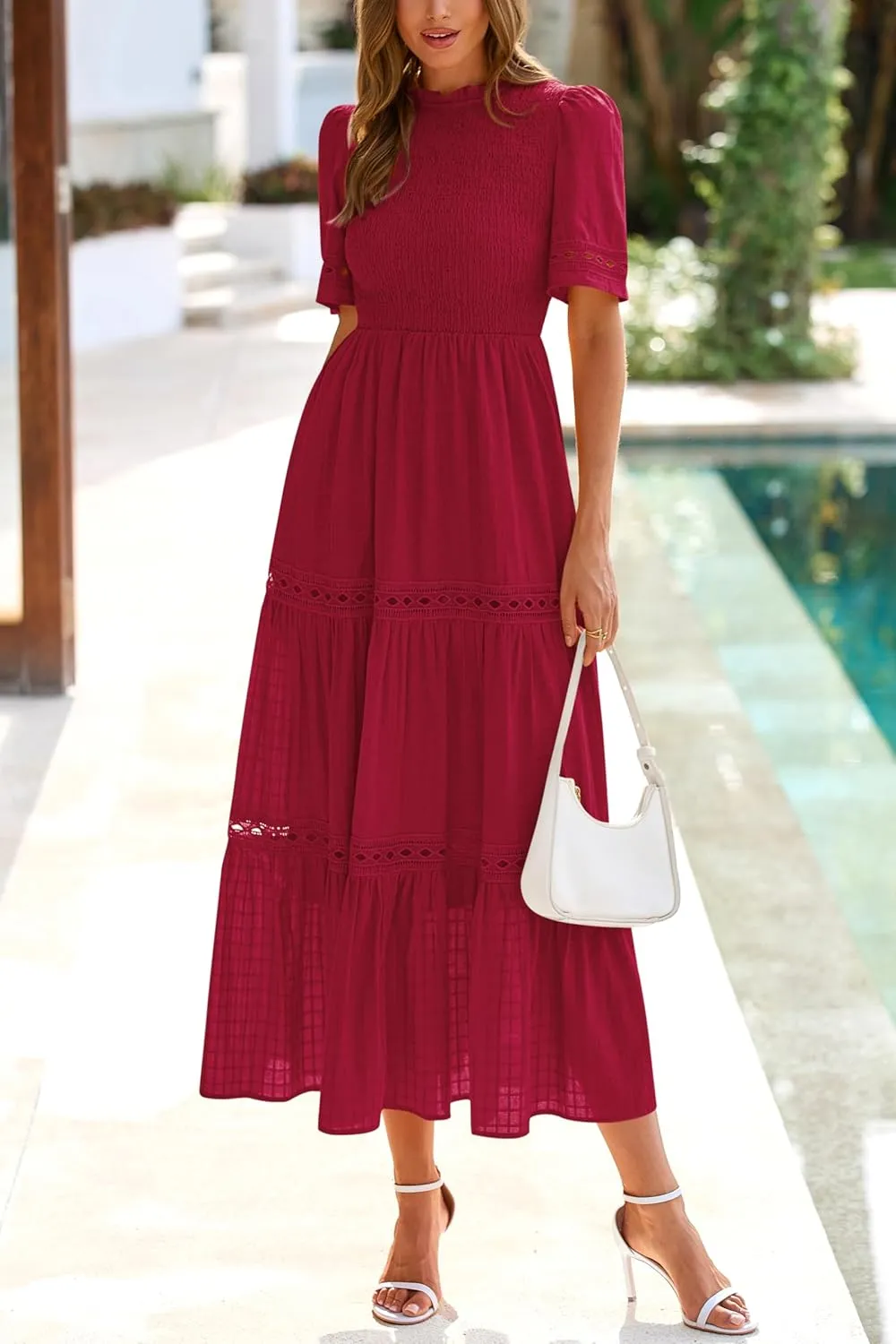 dowerme Summer Dresses for Women 2025 Casual Boho Hollow Out Short Sleeve Ruffle Mock Neck Smocked Maxi Gingham Sundress
