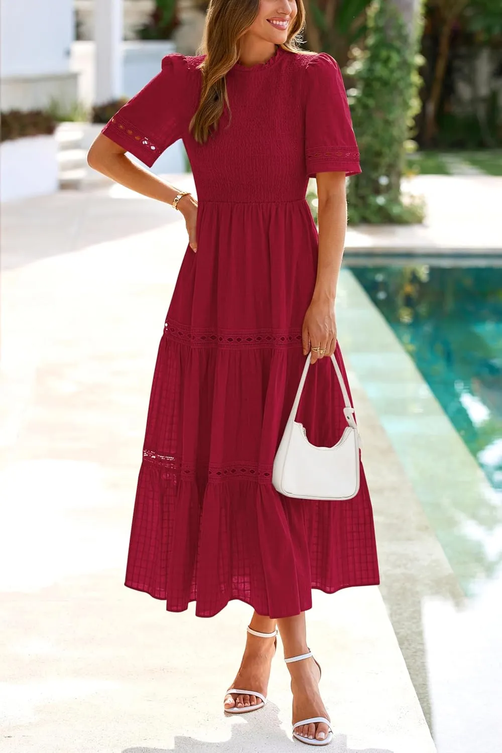 dowerme Summer Dresses for Women 2025 Casual Boho Hollow Out Short Sleeve Ruffle Mock Neck Smocked Maxi Gingham Sundress