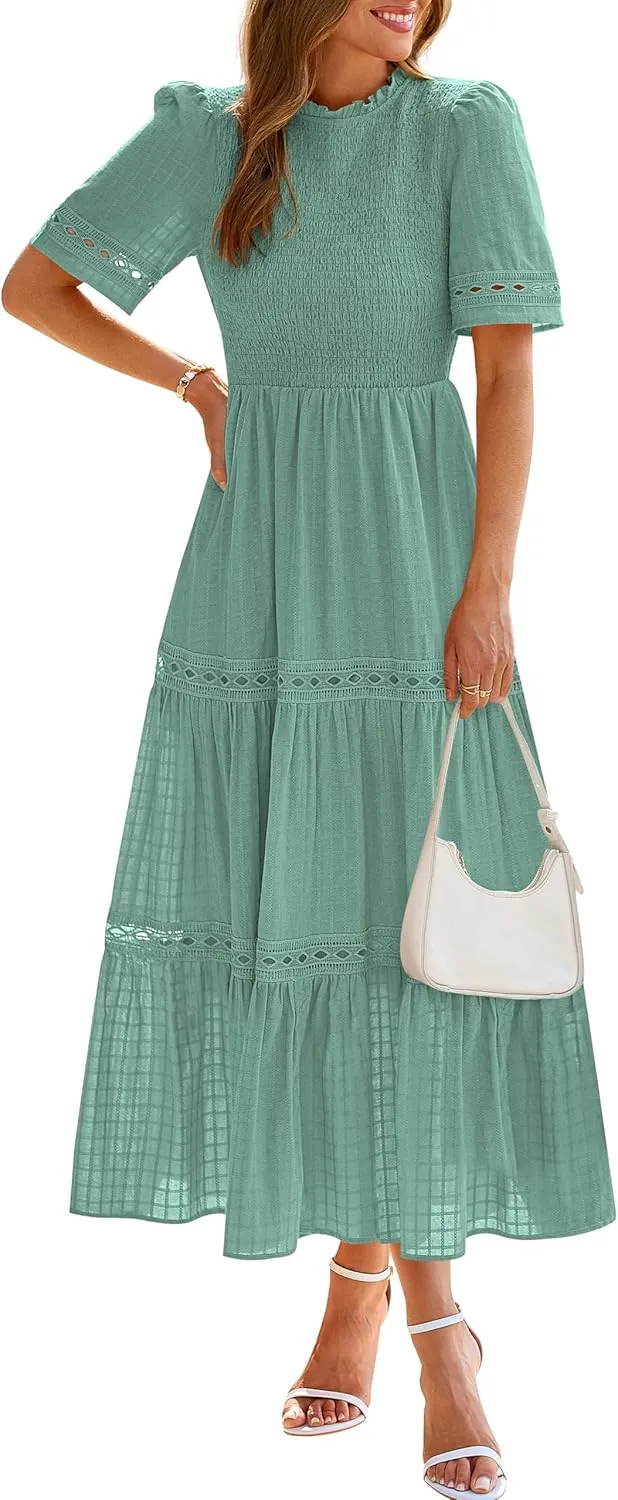 dowerme Summer Dresses for Women 2025 Casual Boho Hollow Out Short Sleeve Ruffle Mock Neck Smocked Maxi Gingham Sundress
