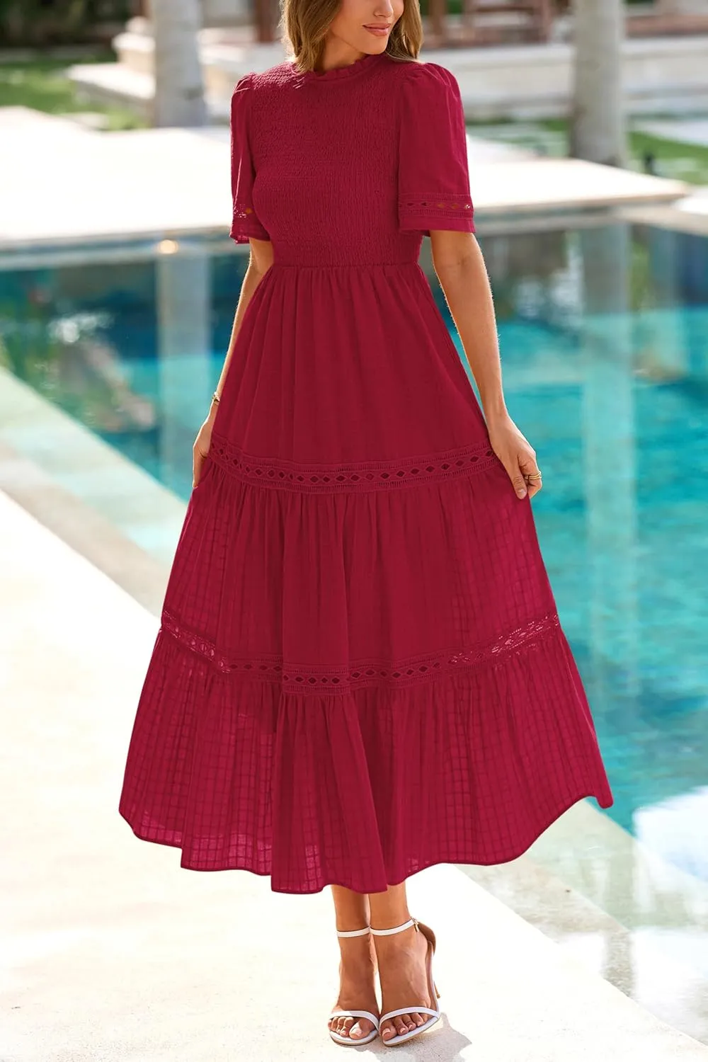 dowerme Summer Dresses for Women 2025 Casual Boho Hollow Out Short Sleeve Ruffle Mock Neck Smocked Maxi Gingham Sundress
