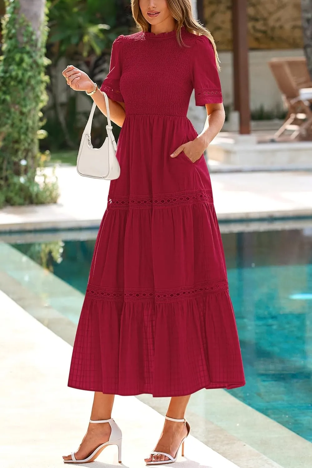 dowerme Summer Dresses for Women 2025 Casual Boho Hollow Out Short Sleeve Ruffle Mock Neck Smocked Maxi Gingham Sundress