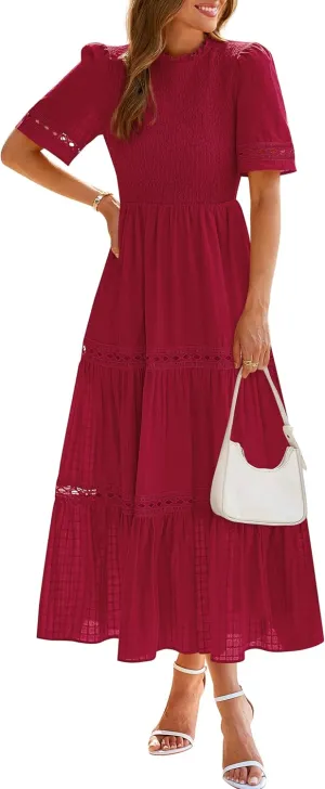 dowerme Summer Dresses for Women 2025 Casual Boho Hollow Out Short Sleeve Ruffle Mock Neck Smocked Maxi Gingham Sundress