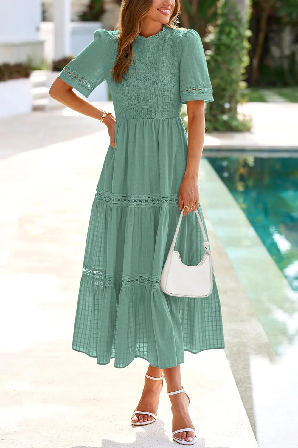 dowerme Summer Dresses for Women 2025 Casual Boho Hollow Out Short Sleeve Ruffle Mock Neck Smocked Maxi Gingham Sundress