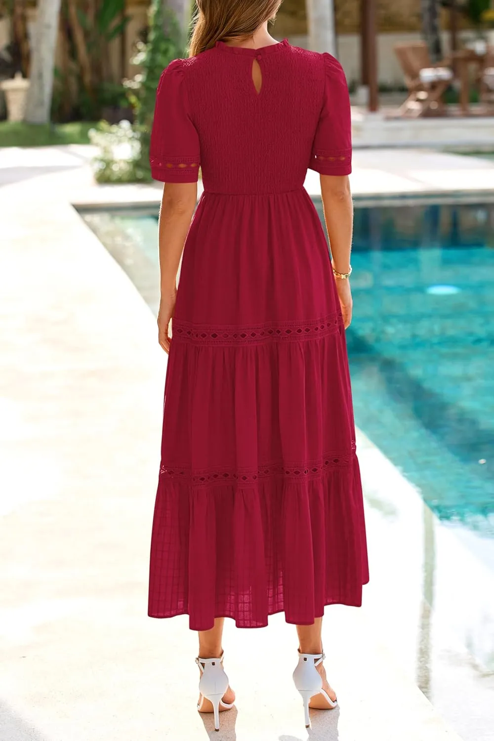 dowerme Summer Dresses for Women 2025 Casual Boho Hollow Out Short Sleeve Ruffle Mock Neck Smocked Maxi Gingham Sundress