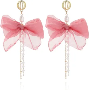 Elegant Butterfly Bow Pearl Tassel Long Chain Dangle Earrings for Women Accessories for Birthday Party