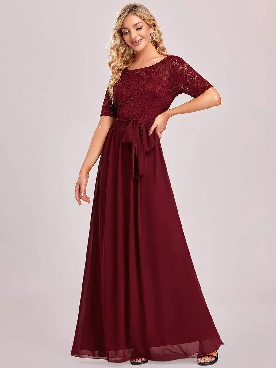 Elegant Lace Bodice Chiffon Maxi Evening Dress with Belt