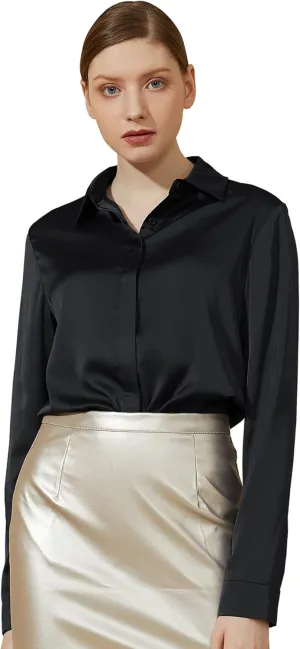 Escalier Women's Silk Blouse Long Sleeve Satin Button Down Shirt Casual Work Office Silky Blouse Top