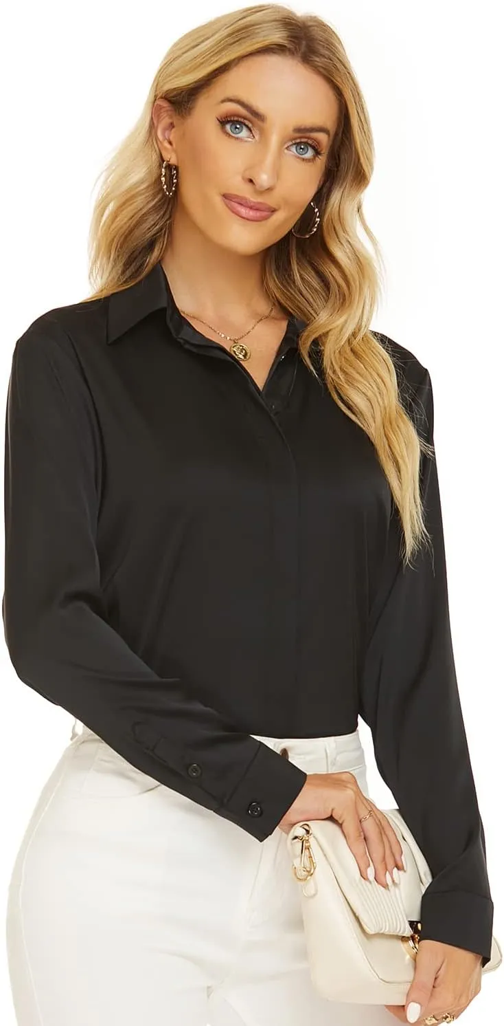 Escalier Women's Silk Blouse Long Sleeve Satin Button Down Shirt Casual Work Office Silky Blouse Top
