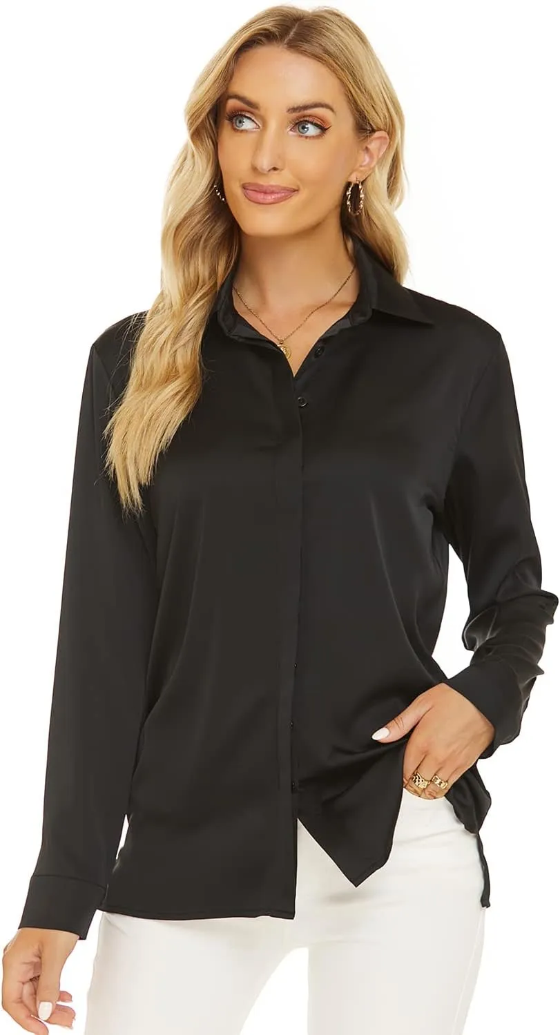 Escalier Women's Silk Blouse Long Sleeve Satin Button Down Shirt Casual Work Office Silky Blouse Top