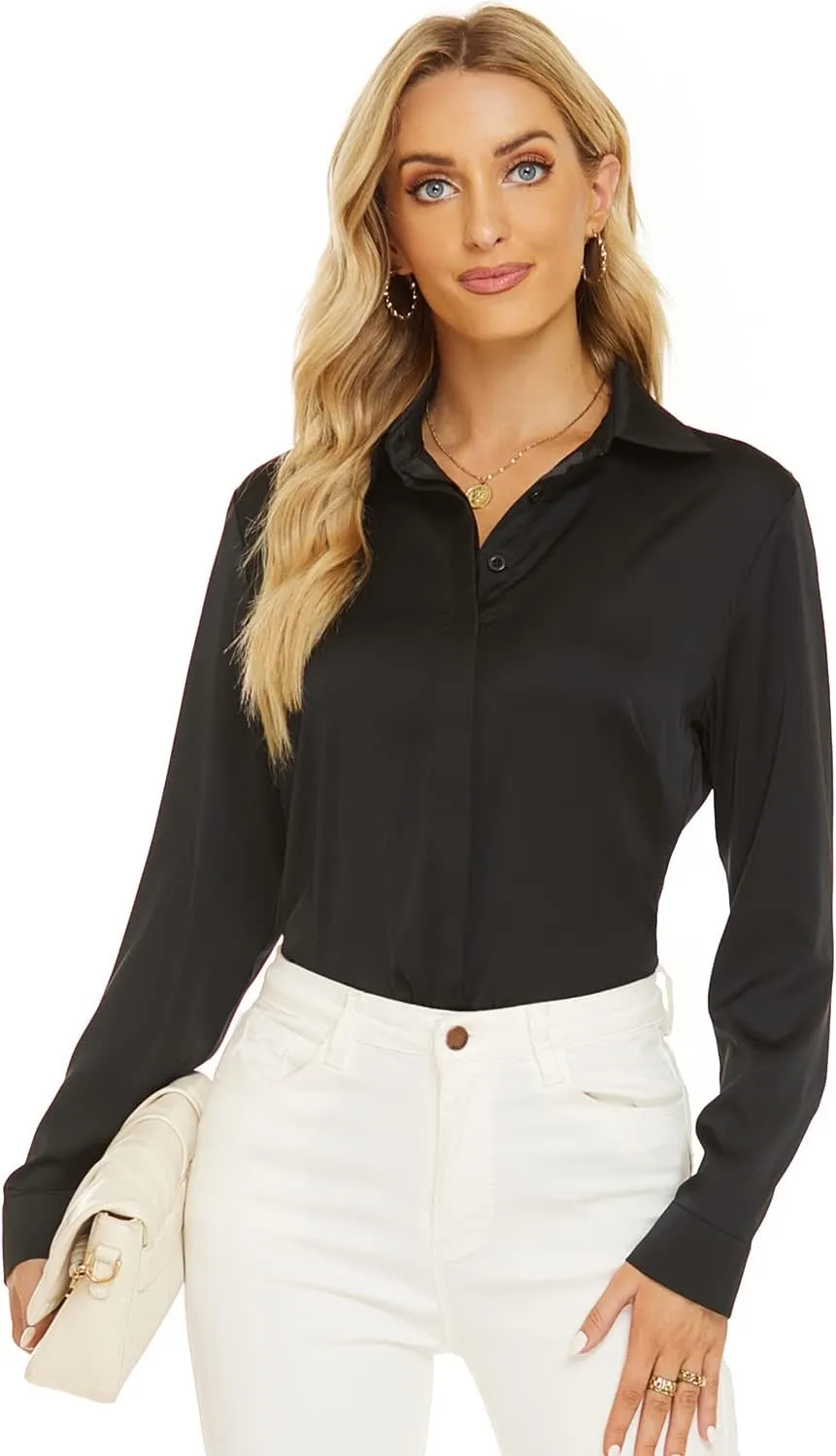 Escalier Women's Silk Blouse Long Sleeve Satin Button Down Shirt Casual Work Office Silky Blouse Top